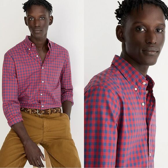 NWT J CREW Secret Wash SLIM FIT cotton poplin shirt in Bleecker Gingham Navy Red - Picture 1 of 10